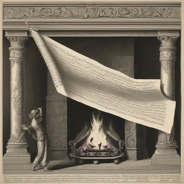 Imagery of an ancient scroll unraveling near a fireplace, symbolizing the unveiling of Home Equity Conversion Mortgage (HECM) knowledge.