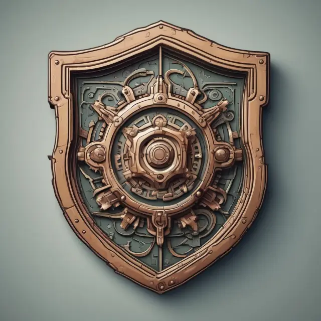 A stylized shield featuring intricately connected gears representing effective risk management and the application of hedge accounting