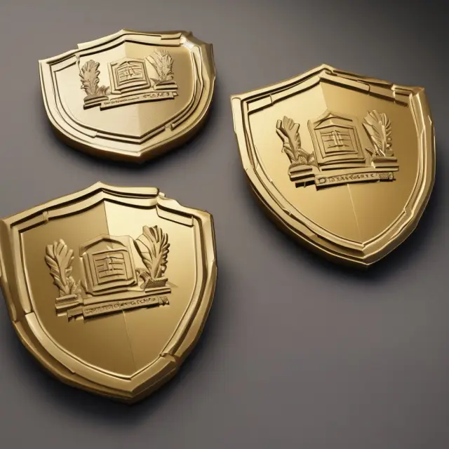 Three gold shields symbolizing P&G, J&J, and XOM
