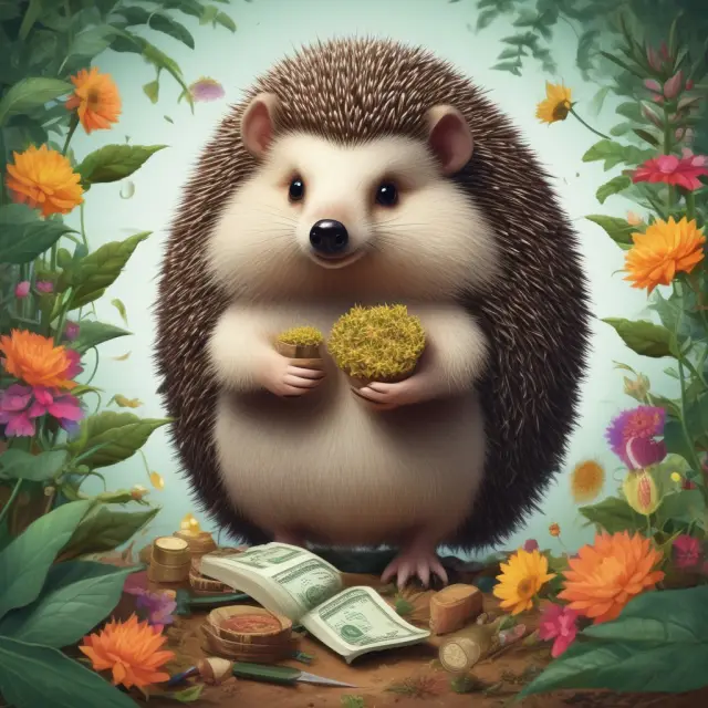 A hedgehog skillfully tending to a vibrant garden filled with various financial instruments, symbolizing a hedge fund manager