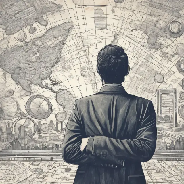 A hedge fund manager navigating a vast sea of global markets using investment charts and strategies to steer their fortune