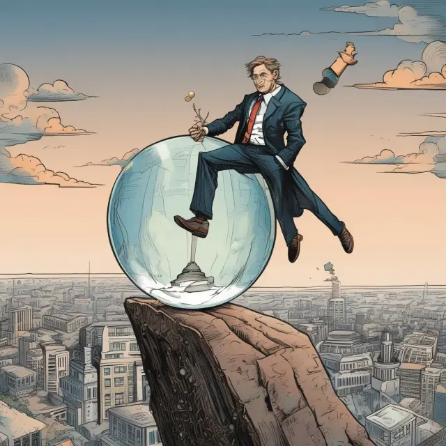 Hedge fund manager holding a crystal ball, symbolizing forecasting abilities, standing on a tightrope representing risk vs. reward