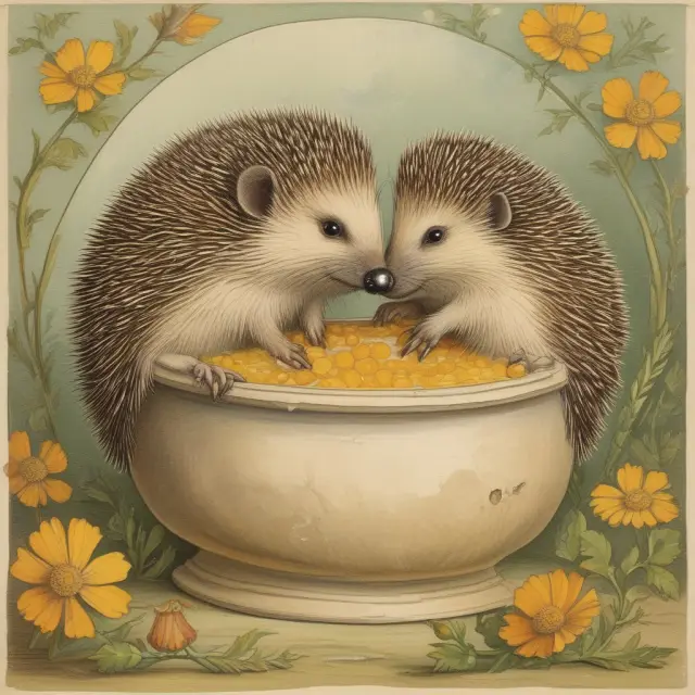 Hedgehogs enjoying a sweet agreement: Two hedgehogs sharing a large, overflowing honey pot represent the mutual benefits in a two and twenty fee arrangement for hedge funds and investors