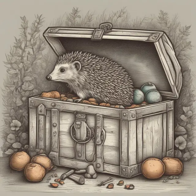 A hedgehog protects a treasure chest using put options, symbolizing risk management strategies in finance