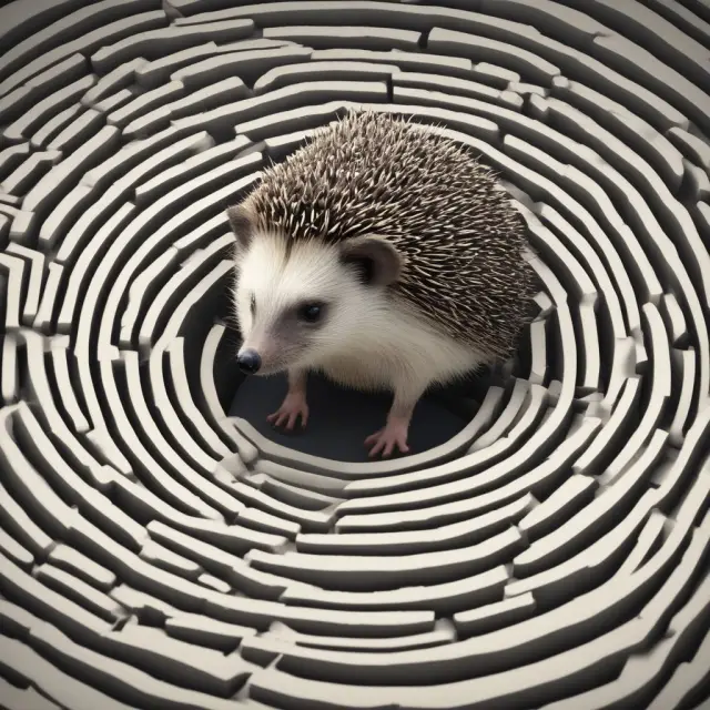 A hedgehog navigates a complex maze filled with hedge clause contracts. A wise legal eagle advises and guides the hedgehog through the intricacies.