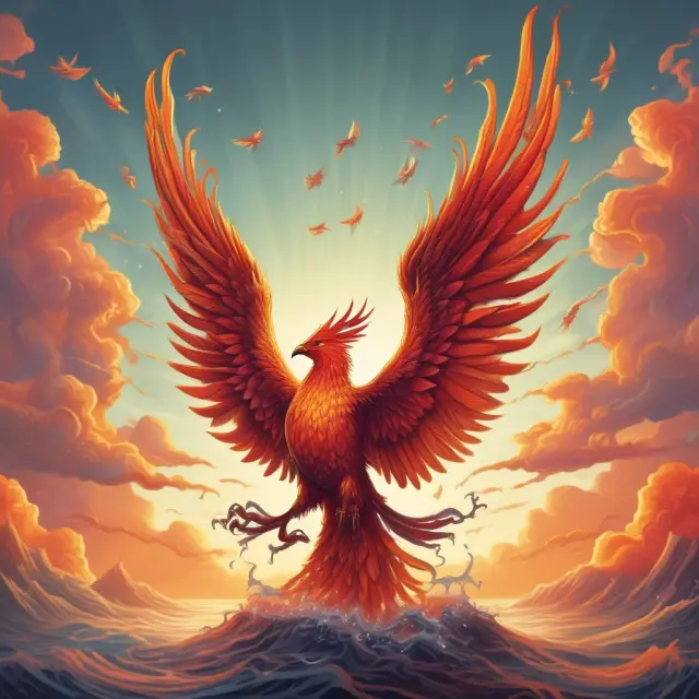 A mythical Phoenix bird emerging from a sea of colorful stock chart waves, illustrating tender offers