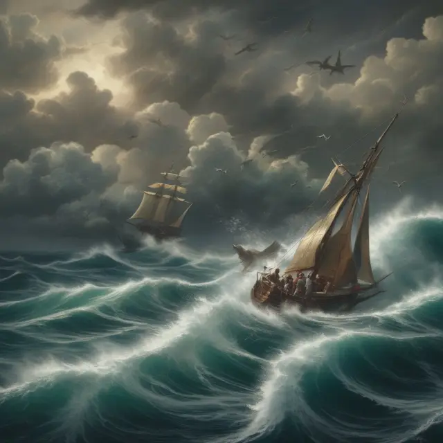 Sailor meticulously manages a sailing vessel through turbulent waters, balancing multiple sails (long positions) and an anchor (short position), while keeping watch for market volatility (shark)