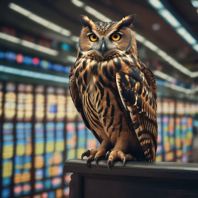 An owl, symbolizing wisdom and guidance, sits on a trading floor overseeing hedge fund activities during tender offers