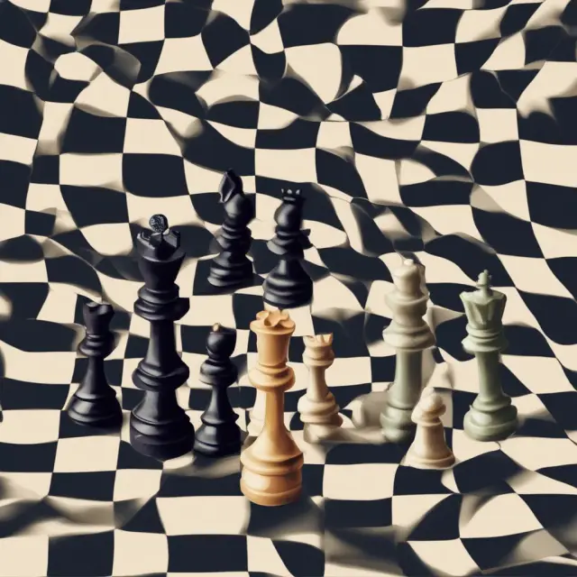 Chess pieces symbolizing different hedge fund strategies: global macro, equity, relative value, and event-driven, placed on a checkered background representing various financial markets.