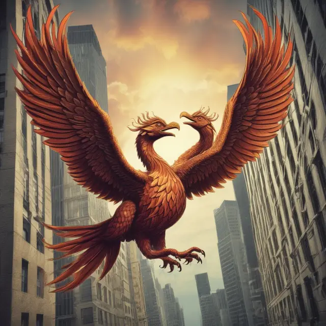A mythical phoenix flying between a stock exchange and bond market, illustrating hedge fund strategies: long/short equities and fixed-income