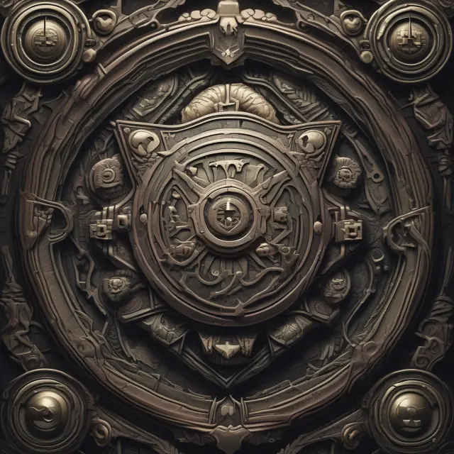 A protective shield emblem adorned with gears symbolizing financial instruments and currency symbols, encircling a growing tree in a tumultuous market scene