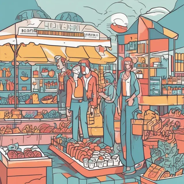 A bustling marketplace filled with consumers making choices between various product offerings, symbolizing the revealed preference method of hedonic pricing.