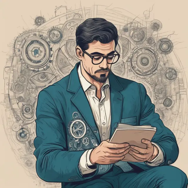 Economist studying hedonic regression model, displaying gears representing product attributes and their impact on price adjustments.