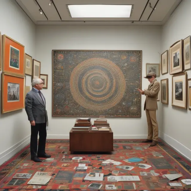 Time traveler at auction, interacting with works by Luttmer, Sweezy, and Rosen, symbolizing hedonic pricing origin