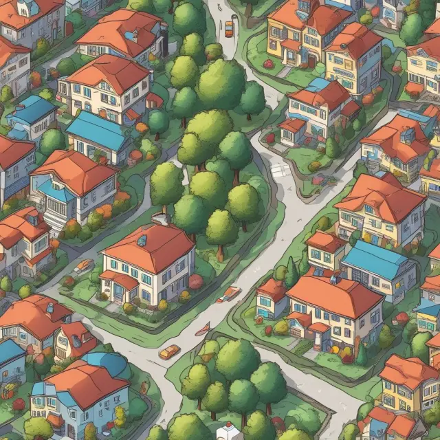 House with contrasting sides: schools and parks vs. industry and traffic, illustrating hedonic pricing in real estate.