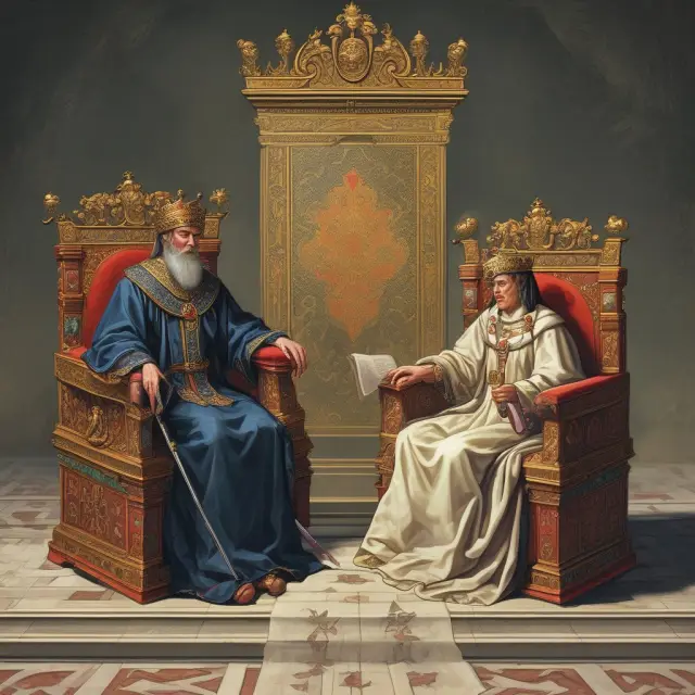 An heir sits on a throne while a beneficiary hands them an important-looking scroll, representing the legal transfer of assets in estate planning