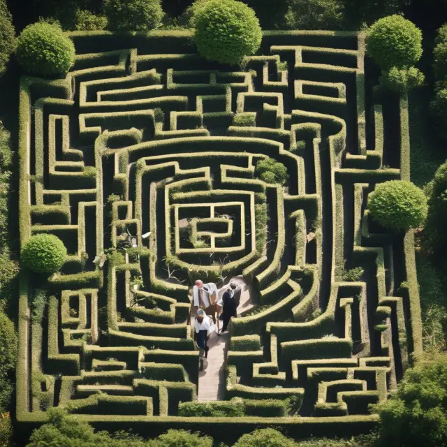 Lawyer and notary guiding a person through a meticulous garden maze, emphasizing estate planning for securing family