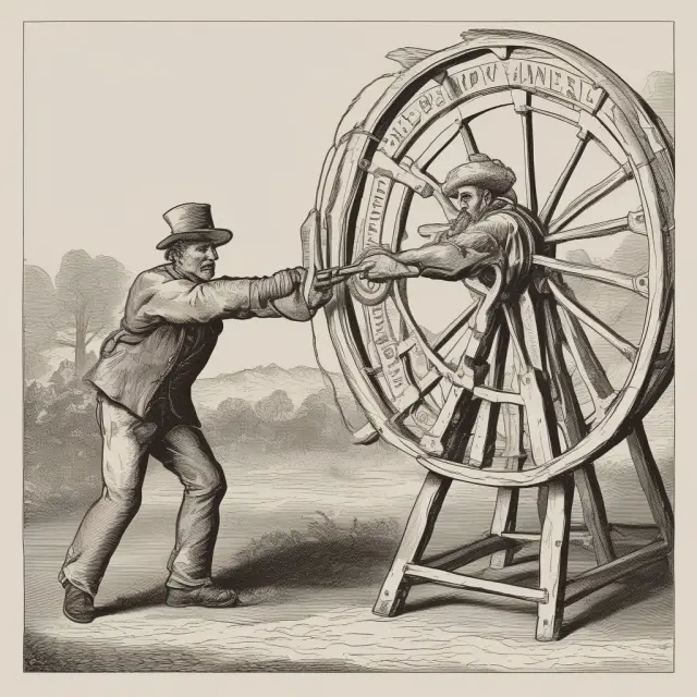 A landowner and miner collaborate on a spinning wheel illustrating the interplay between primary and secondary terms in held-by-production clauses.