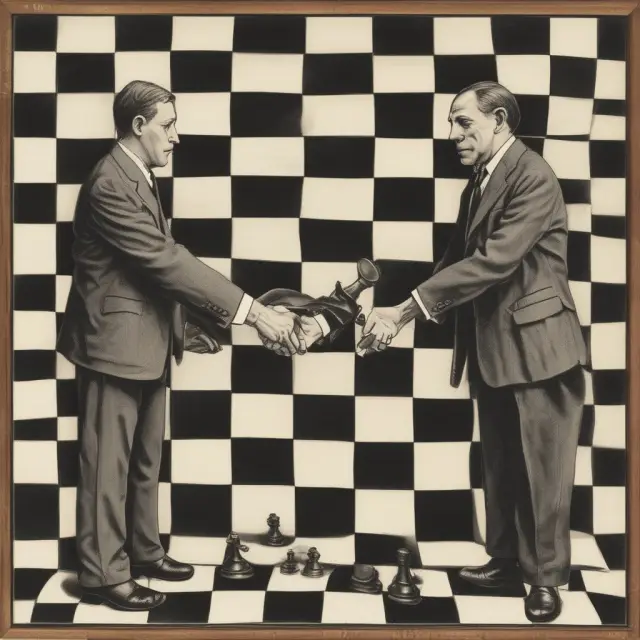 Handshake between a landowner and an oil company representative on a checkered background, illustrating the balance in negotiating fair mineral lease terms.