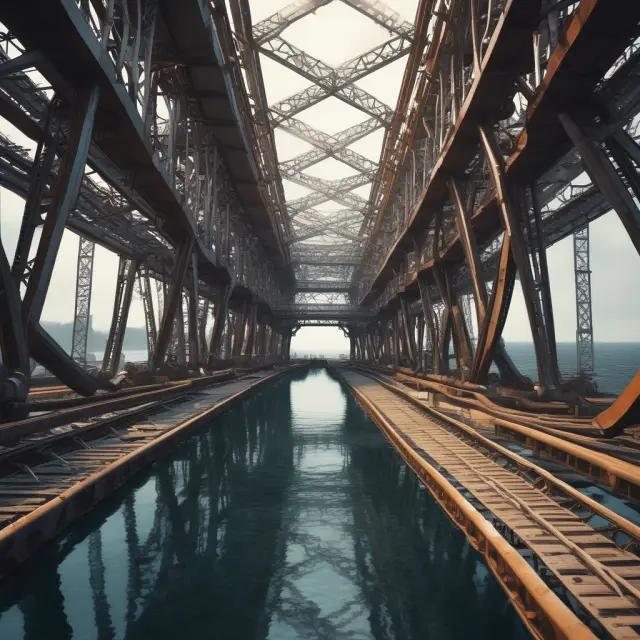 A bridge formed by interconnected oil rigs and mineral veins represents the future significance of held-by-production clauses, extending access to resources in an ever-changing energy landscape