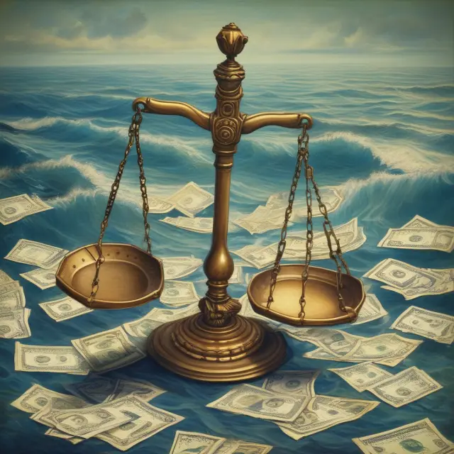 Scales tipping the financial ocean, representing fair value adjustments impact on earnings for held-for-trading securities.