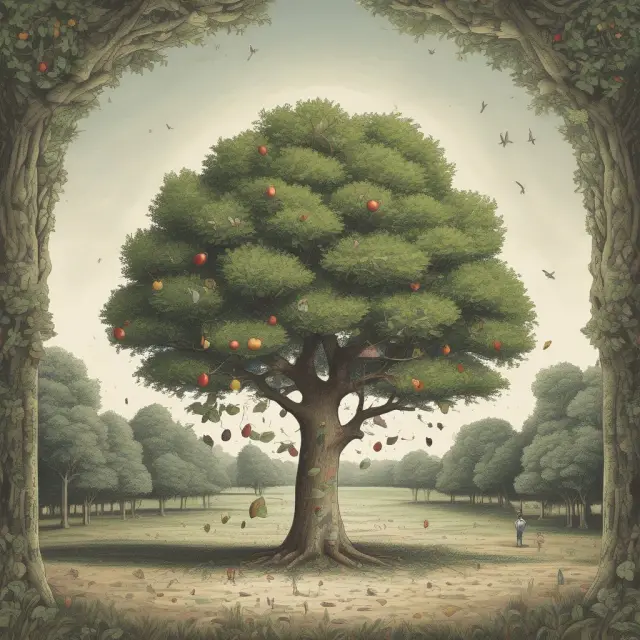A sturdy tree with bond fruits and CD time capsules symbolizing long-term, consistent returns from held-to-maturity investments