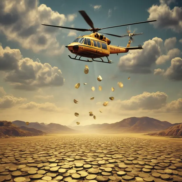 Helicopter dropping gold coins over a stagnant economy to stimulate growth, inspired by Milton Friedman