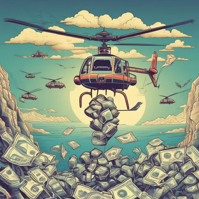 A helicopter dropping money tokens symbolizing fiscal stimulus, combating the effects of deflation in an economy