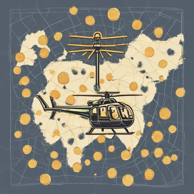 A helicopter dropping gold coins onto a world map, symbolizing helicopter money distribution for economic stimulus
