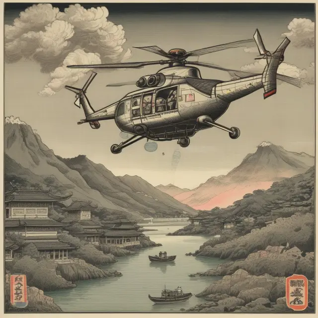 A helicopter dispersing yen notes above ancient Japan, representing the potential impact of helicopter money on Japan