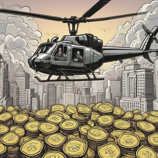 Fed helicopter dispersing gold coins to stabilize the economy during an economic crisis