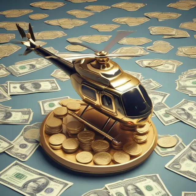 An image of a scale with golden coins on one side symbolizing ethical implications, another for inflation risks, and moral hazard concerns balancing against the helicopter money policy
