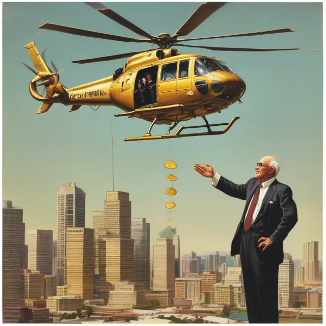 Helicopter dispersing golden coins symbolizes the implementation of helicopter money as an economic stimulus tool.
