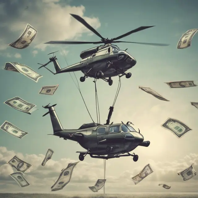 A helicopter dispersing money into a recessive economy to stimulate growth and combat deflation