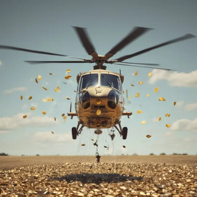 Golden helicopter dropping coins into a landscape representing the economy with text 