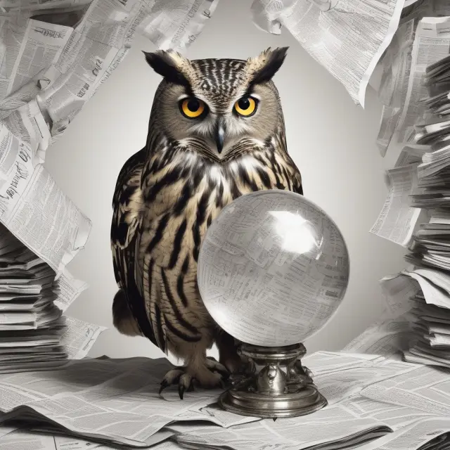 An owl holding a crystal ball and surrounded by newspapers reveals the trends in The Conference Board