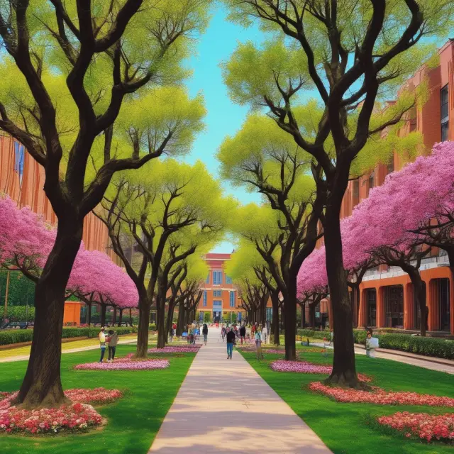 Vibrant research institutes at UIowa Tippie College of Business, represented by blooming trees, fostering student growth.