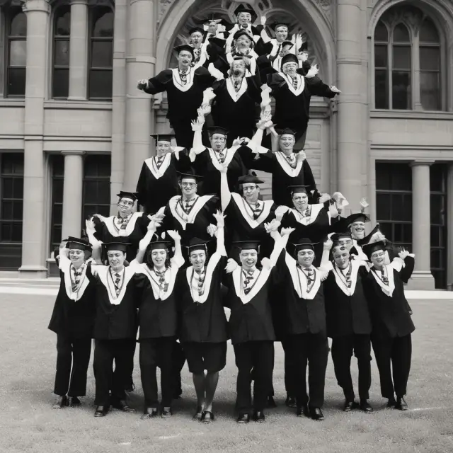 Image of notable University of Iowa Tippie College graduates standing in a pyramid formation, representing their achievements and contributions to various industries