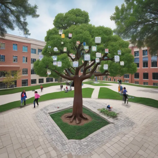 A vibrant campus scene featuring student organizations represented as colorful mosaic tiles, students participating in internships, and the career services tree offering opportunities for growth