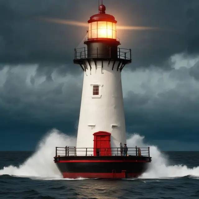 A lighthouse symbolizing Henry Hub, casting light over the natural gas market, with a sea of fragmented markets surrounding it