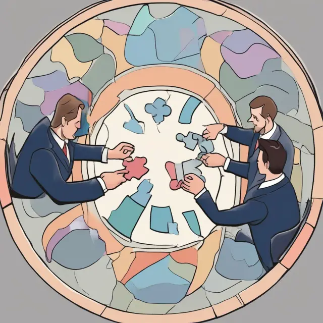Agents negotiating at a table with incomplete puzzle pieces, balancing interests and finding satisfactory solutions