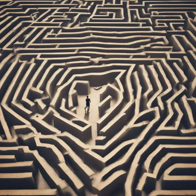 Person navigating maze with cognitive and social boundaries, symbolizing decision-making within constraints