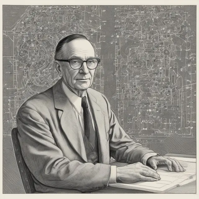 Herbert A. Simon, depicted as a bridge between humans and AI, merging cognitive architecture and boundless innovation.