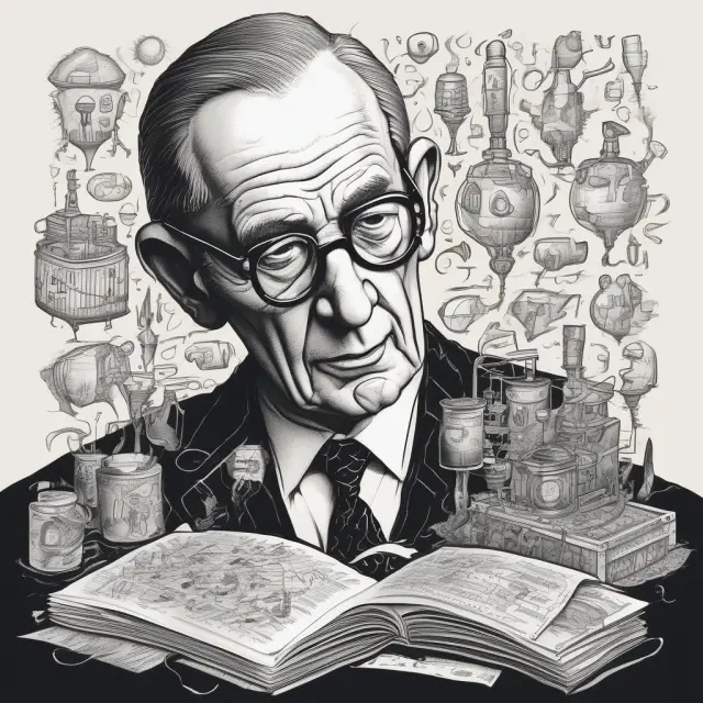 An image of a well-stocked thinktank filled with inkwells and swirling ideas, symbolizing Herbert A. Simon