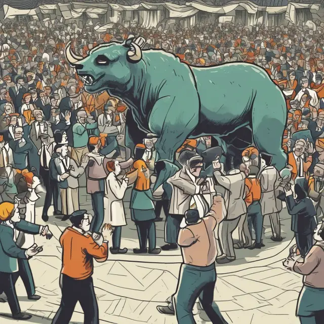 A group of investors wearing masks representing bulls and bears gather around a large stock ticker symbol, illustrating herd behavior in finance