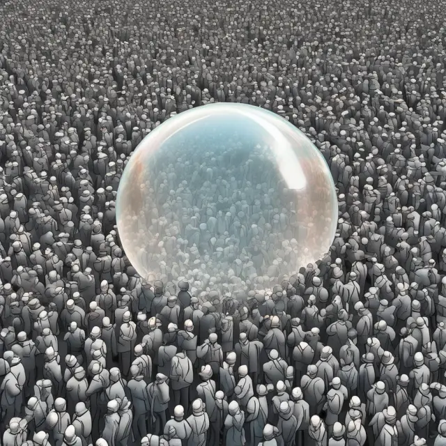 Crowd of investors rushing towards an expanding balloon (bubble), depicting herding behavior and investment bubbles.