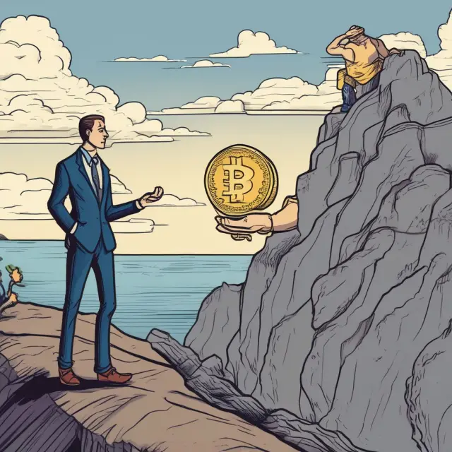 Two investors on cliffs, one holding onto a gold coin symbolizing FOMO while the other letting go, illustrating the psychological battle between fear and self-reliance in herd behavior.