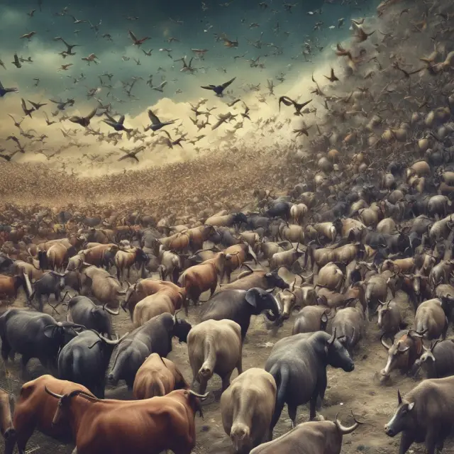 An image of a herd of investors wading through a sea of digital data, emphasizing the struggle to process information and resist herding behavior.