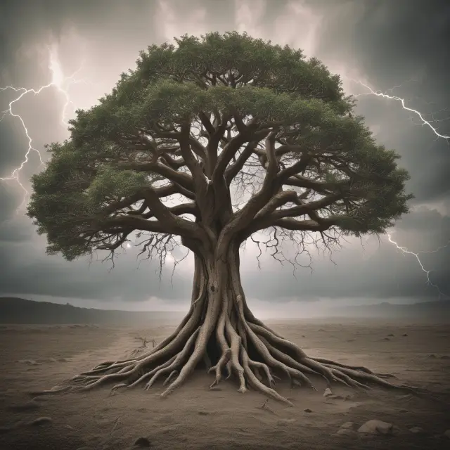 A sturdy wisdom tree with deep roots representing thorough research, personal objectives, staying focused, and seeking professional guidance to weather market storms