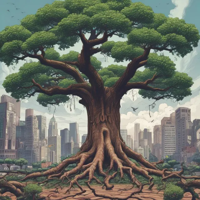 An oak tree representing HSF, its roots holding petrodollars, sheltering a bustling city during financial instability